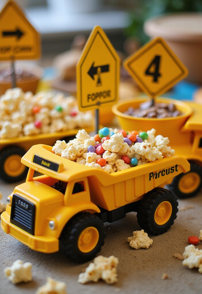 21 Construction Theme Birthday Party Ideas That'll Make You the Coolest Parent! - 4. Dump Truck Snack Station