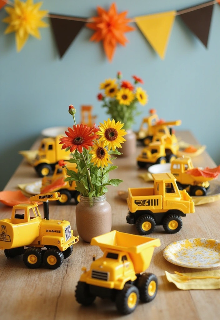 21 Construction Theme Birthday Party Ideas That'll Make You the Coolest Parent! - 13. Miniature Construction Vehicles as Centerpieces